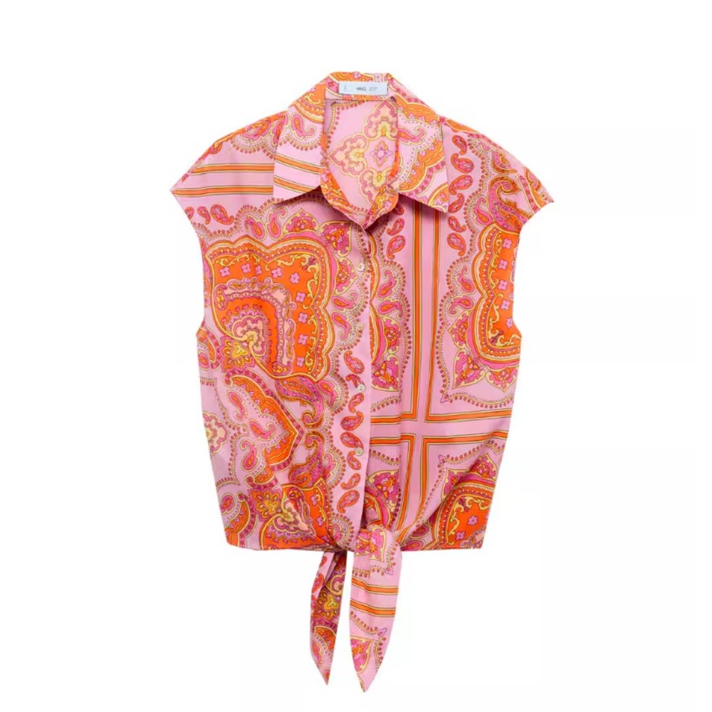 Mango Pink and Orange Paisley Tie-Front Blouse